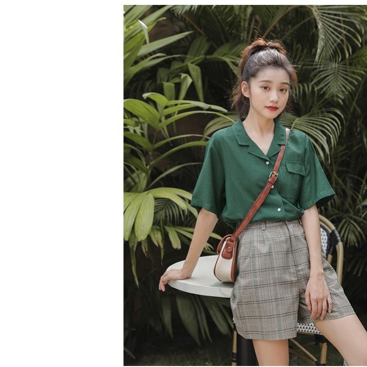 Áo sơ mi nữ tay ngắn có túi dễ thương cute