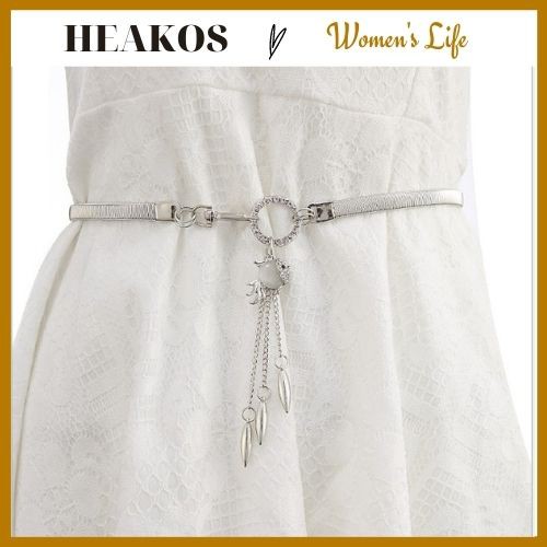 Dây nịt nữ phối váy đầm đẹp hình giọt nước, thời sang HEAKOS, Thắt lưng màu vàng bạc co giãn HEAKOS