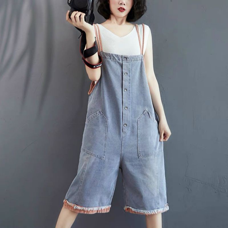 Yếm jean nữ kiểu quần short lững form rộng chất denim có túi thời trang hàn quốc hai màu