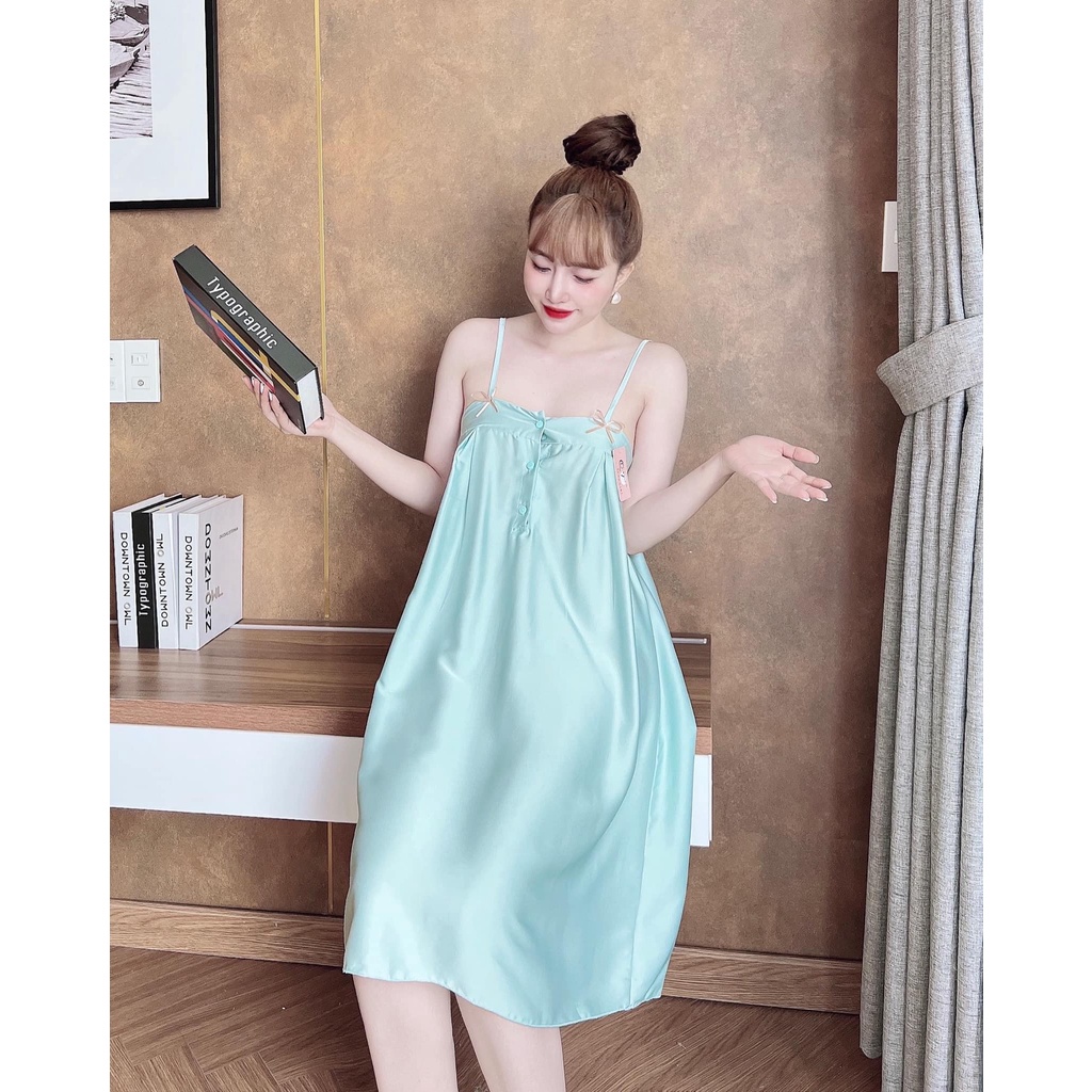 Đầm ngủ 2 dây, váy ngủ gợi cảm, đồ ngủ mặc nhà chất lụa latin cực mát, mịn có nút gài kèm nơ mặc nhà thoải mái [DN64]