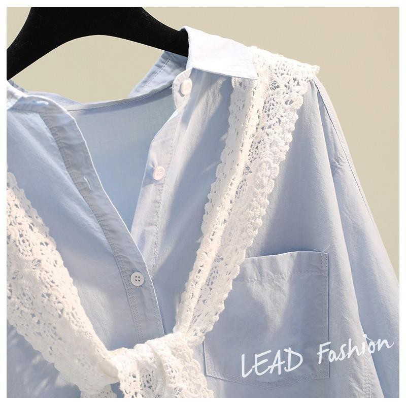Áo Sơ Mi Vải Lanh Cotton Phối Ren Màu Xanh Dương Phong Cách Hàn Quốc Thời Trang Mùa Xuân Dành Cho Bạn Nữ 2021