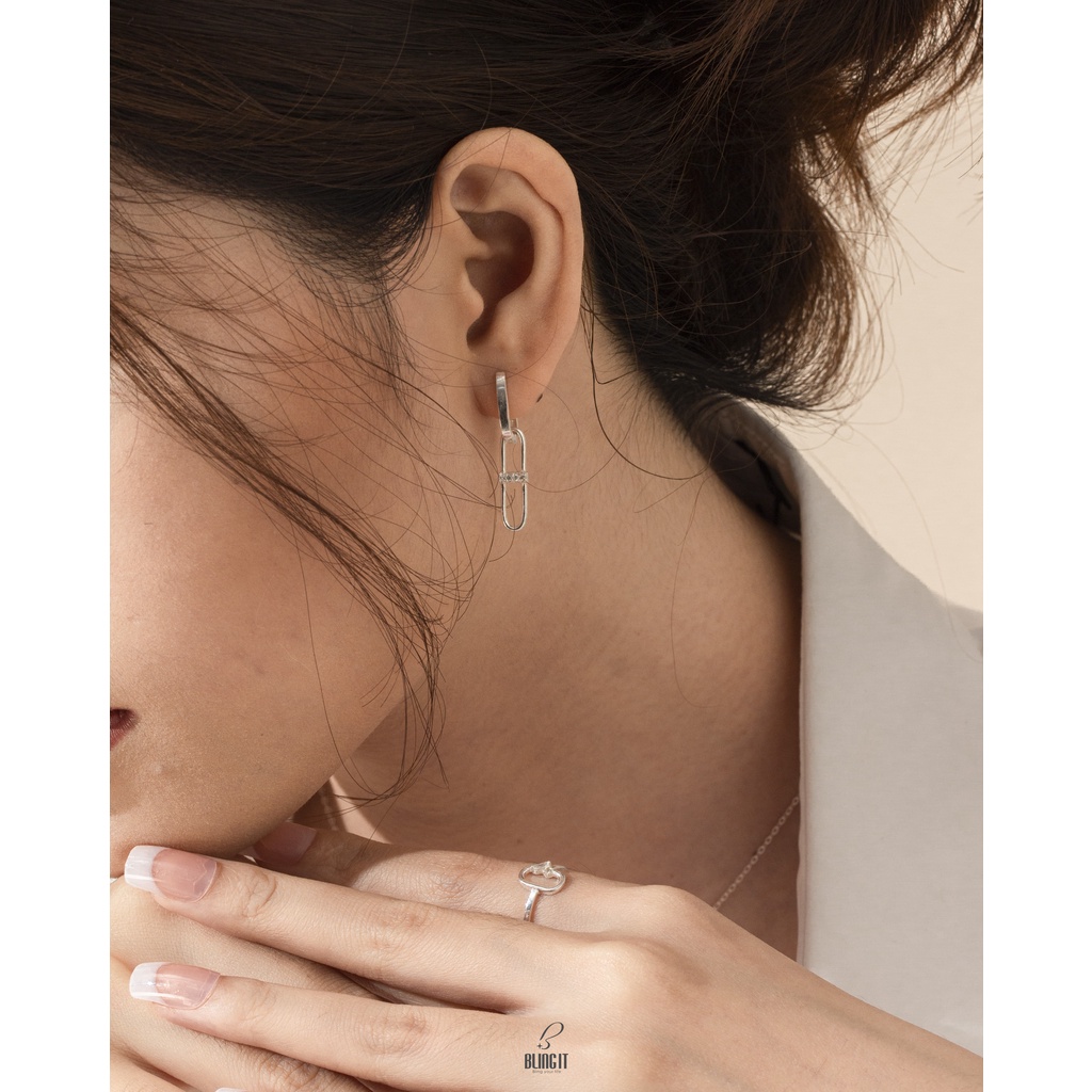 Khuyên tai bạc nữ 925 có bảo hành BLING IT thiết kế đơn giản đính hạt đá dạng dài BIBT507