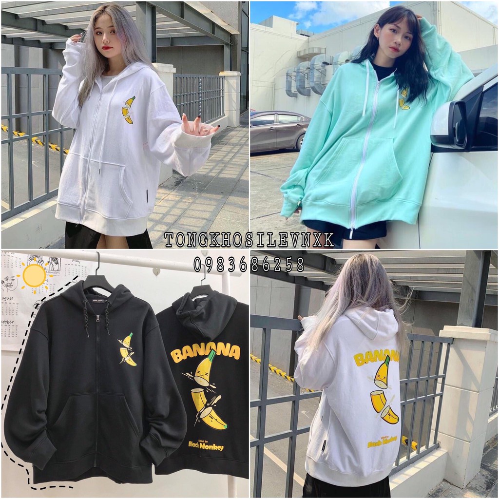 ÁO KHOÁC HOODIE TRÁI CHUỐI BANANA ULZZANG UNISEX - ÁO NỈ MŨ CHUỐI TRẮNG ĐEN XANH