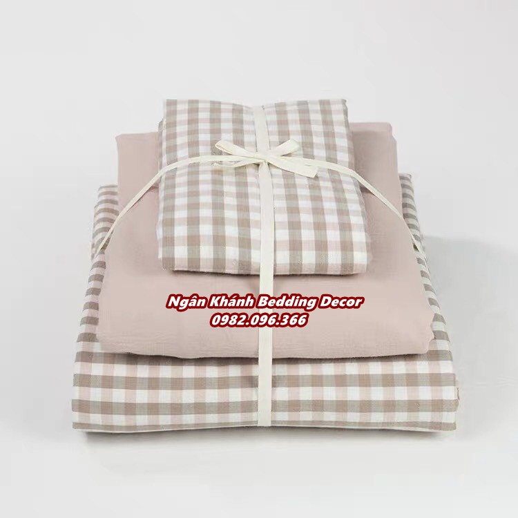 [RẺ VÔ ĐỊCH] Bộ chăn ga gối ga giường cotton poly Hàn Quốc mẫu caro be vintage - Ngân Khánh Bedding drap giường