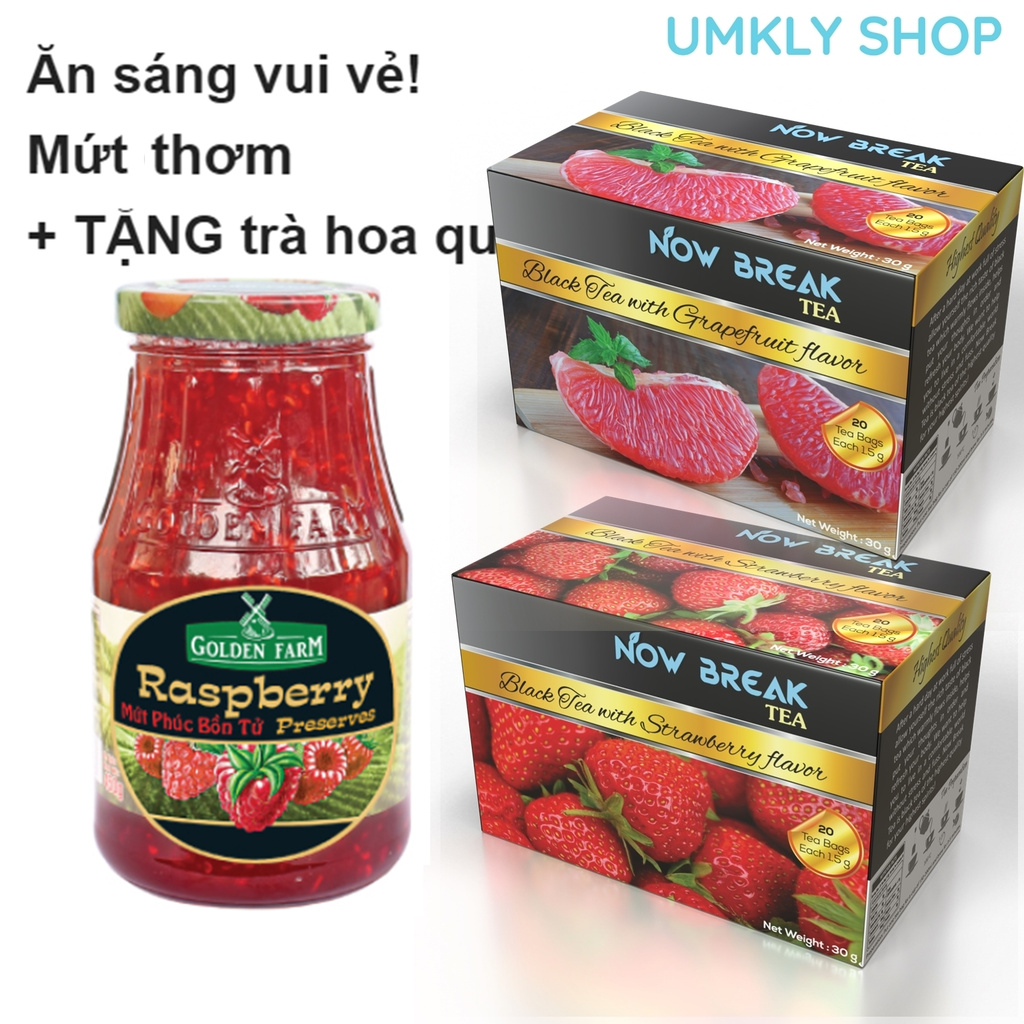 Mứt PHÚC BỒN TỬ 210g Golden Farm + 10 túi trà Now Break Tea kèm theo (5 x trà Bưởi và 5 x trà Dâu Tây) RASPBERRY JAM 