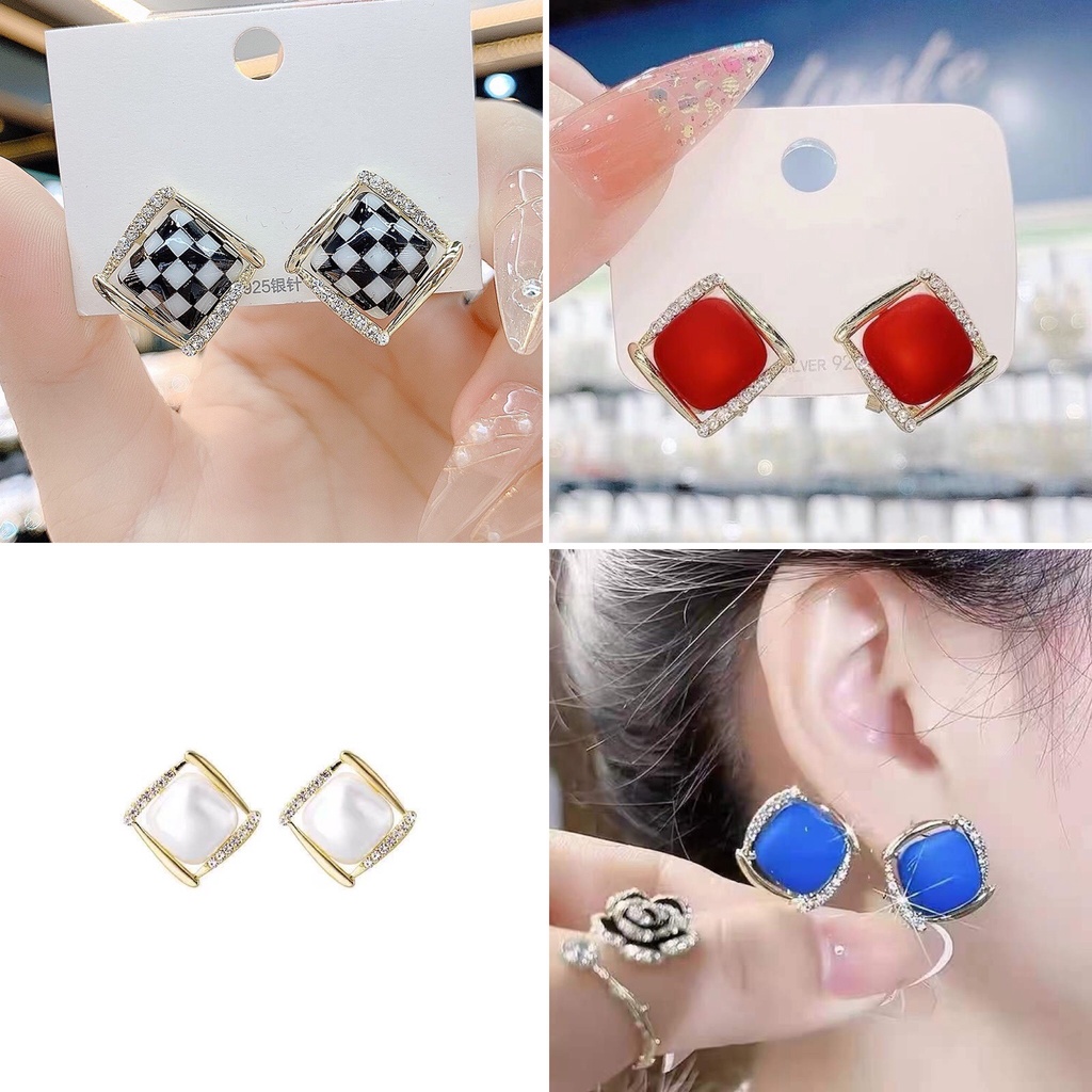 Khuyên tai nữ đẹp bông tai đính đá Hàn Quốc E2180 vuông đính đá kẻ caro nhiều màu S925 thời trang