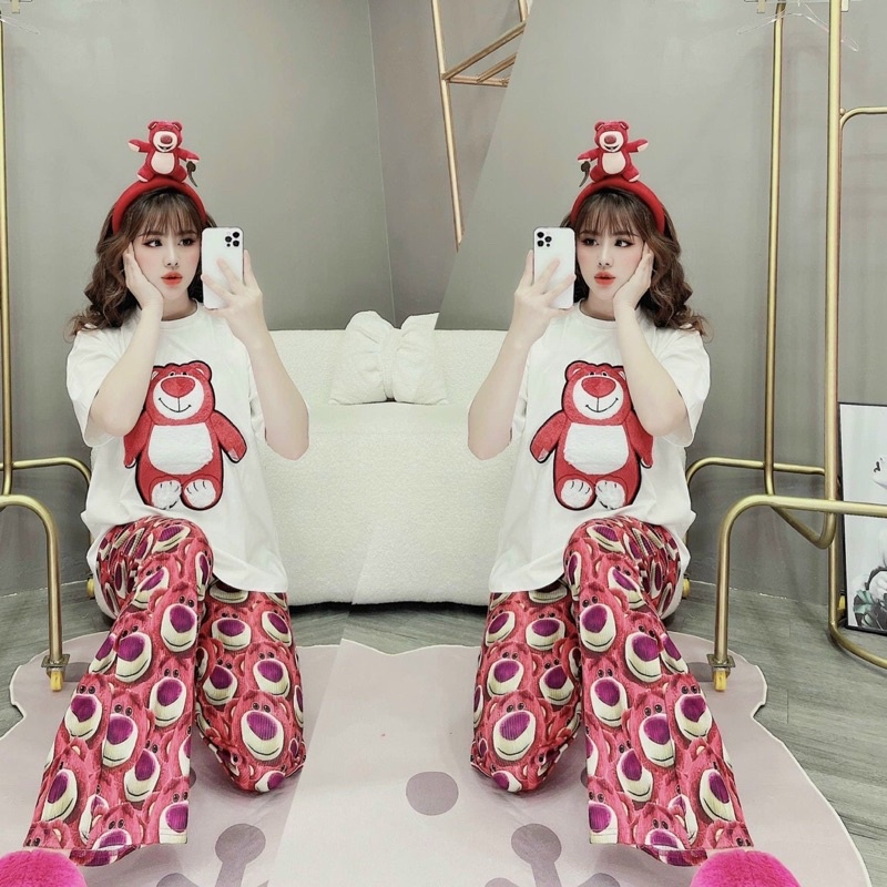 Set áo cotton gấu thêu quần suông gấu đáng yêu