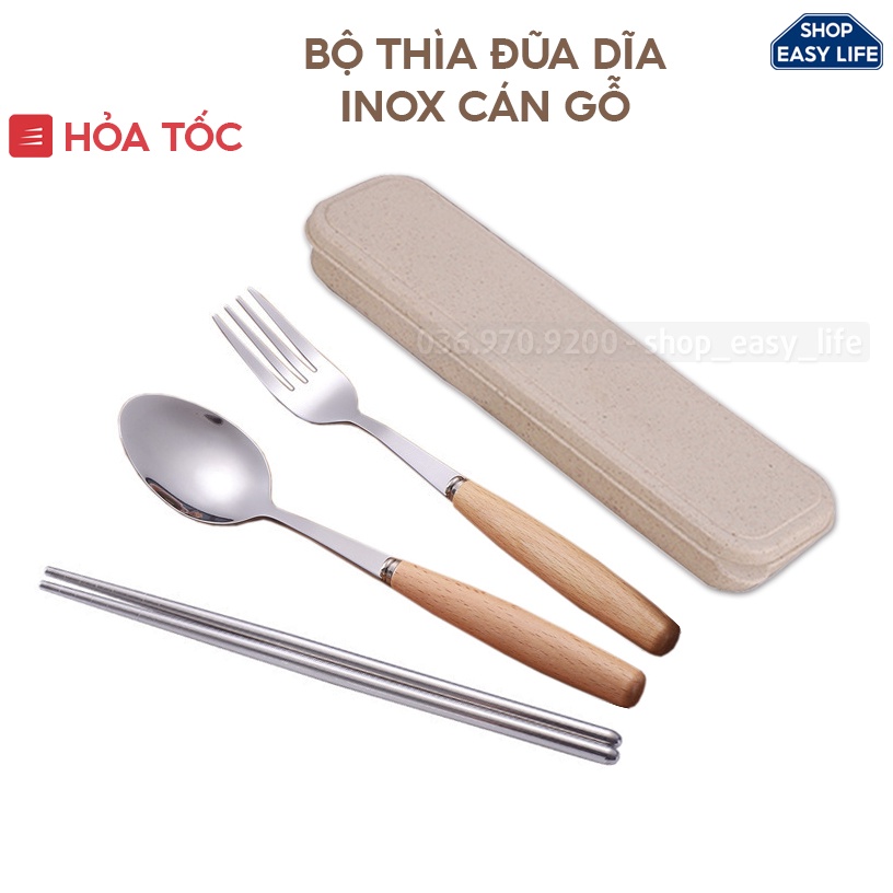 Bộ Thìa Đũa Dĩa Inox Cán Gỗ - Hộp Nhựa Lúa Mạch