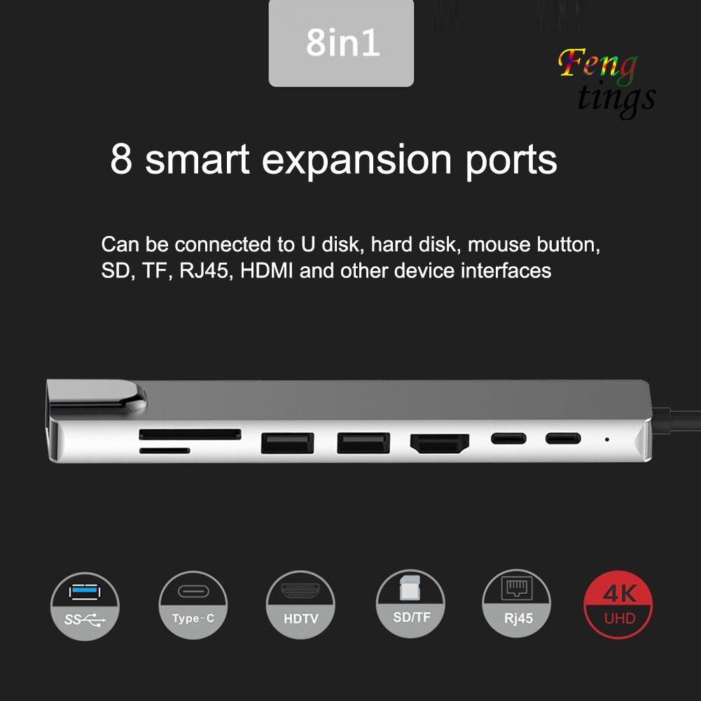 Bộ Chuyển Đổi Hub Đa Năng 8 Trong 1 Type-C Sang 4k Hdmi-Compatible Rj45 Usb 3.0 Tf Pd