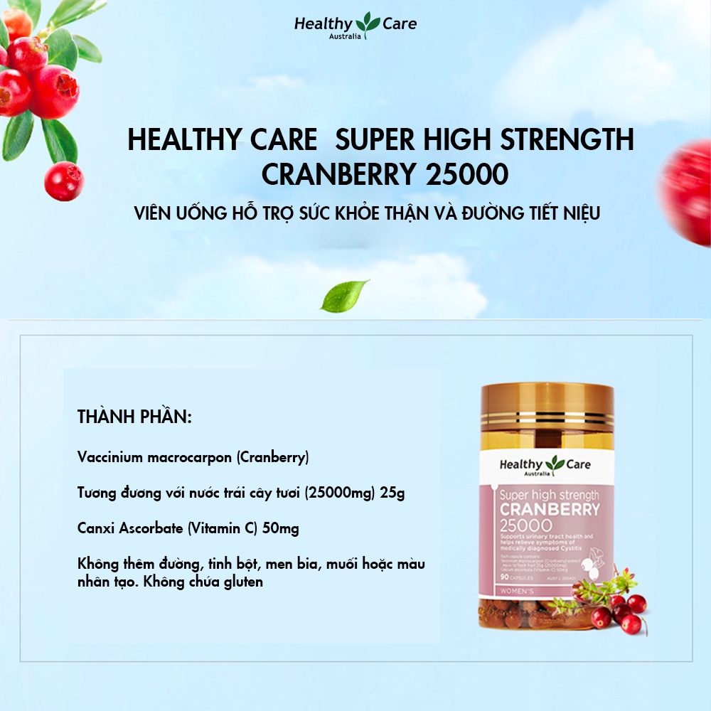 Viên uống hỗ trợ sức khỏe thận và đường tiết niệu Healthy Care Cranberry 90 viên