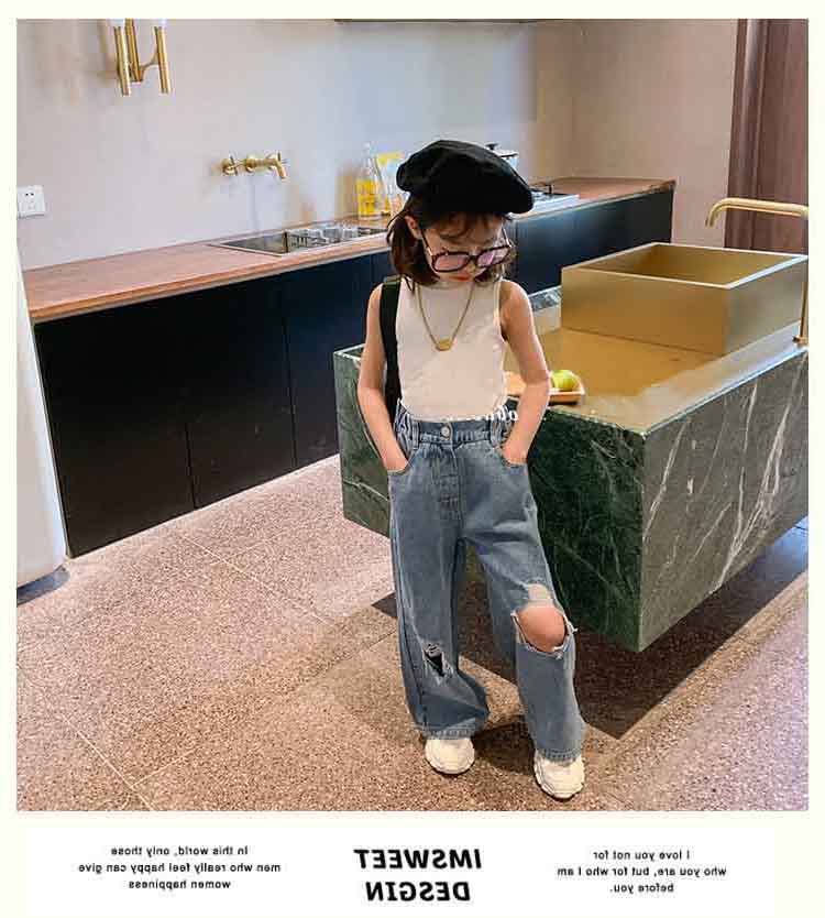 Quần Denim Ống Rộng Thiết Kế Rách Cá Tính Thời Trang Cho Bé Gái