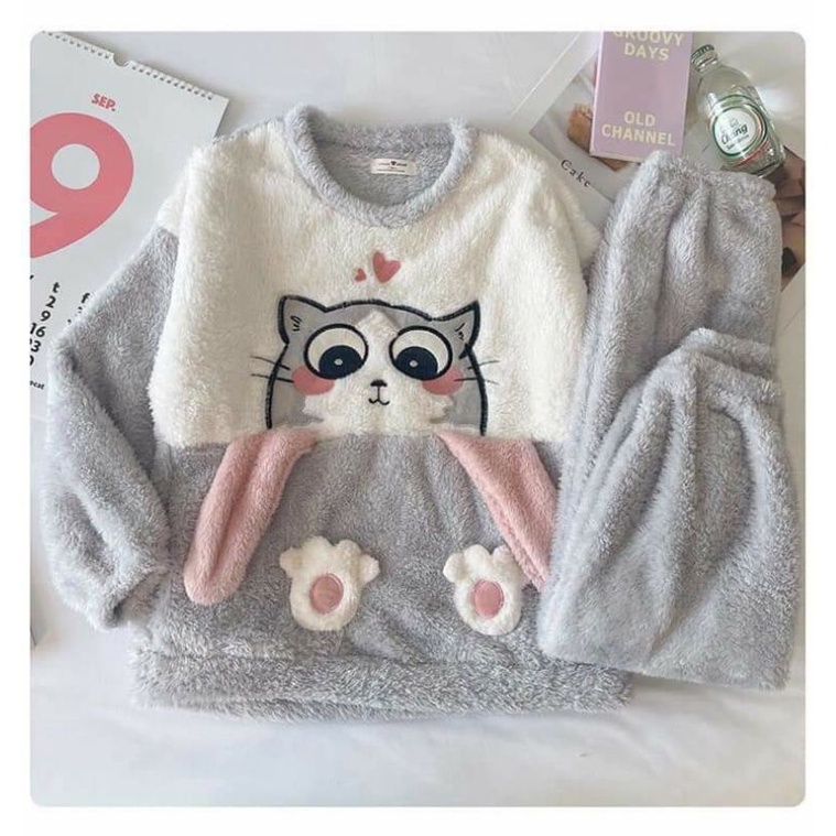 Bộ ngủ mùa đông bộ mặc nhà lông mèo dễ thương lông dày mặc ấm lên dáng xinh | BigBuy360 - bigbuy360.vn