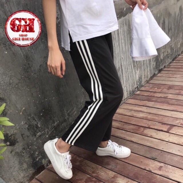 Vải Dày Dặn, Quần Thể Thao Nam Nữ, Quần Thể Thao Nữ Ống Rộng,Quần 3 Sọc Trắng