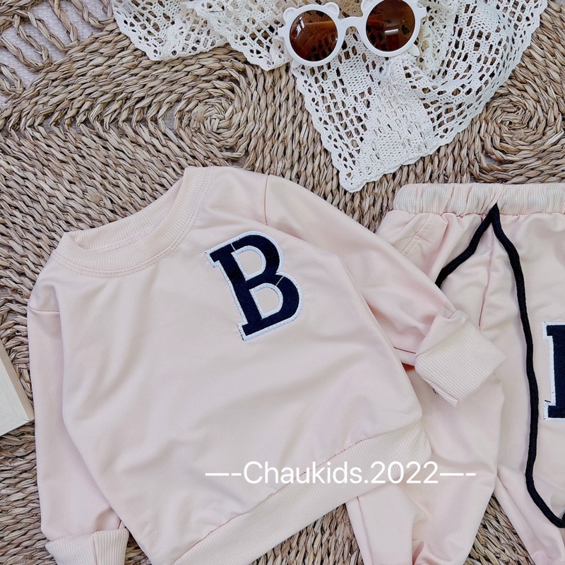 Bộ quần áo dài tay thu đông, set bộ nỉ da cá thêu chữ B cho bé trai bé gái (10-30kg)