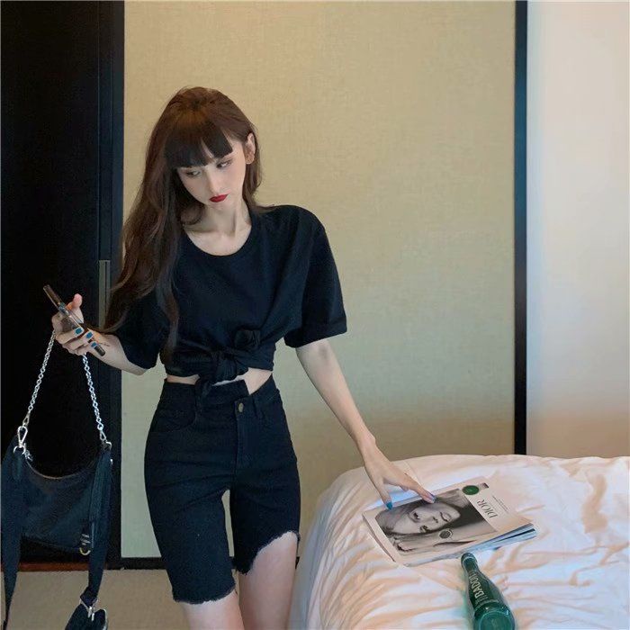 Quần short denim lưng cao ống suông phối rách thời trang mùa hè dành cho nữ