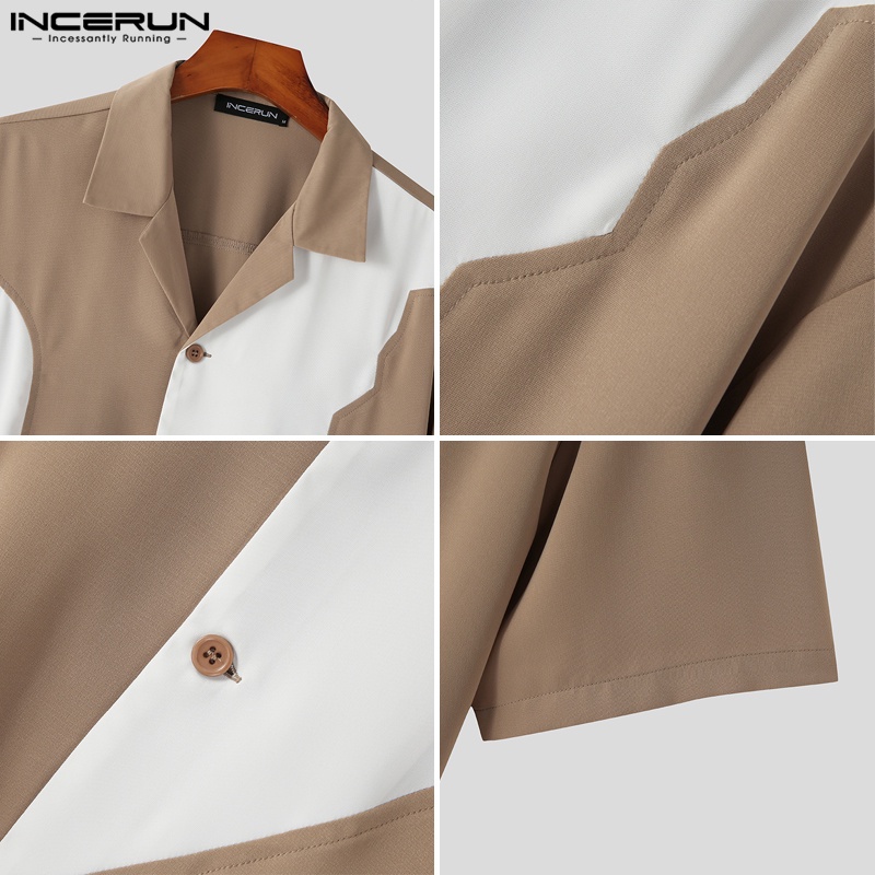 Áo sơ mi Incerun tay ngắn cài nút ghép màu phong cách dự tiệc cho nam