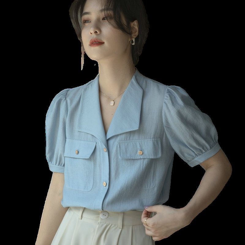 Áo Sơ Mi Nữ Tay Ngắn Mùa Hè Mới Màu Xanh