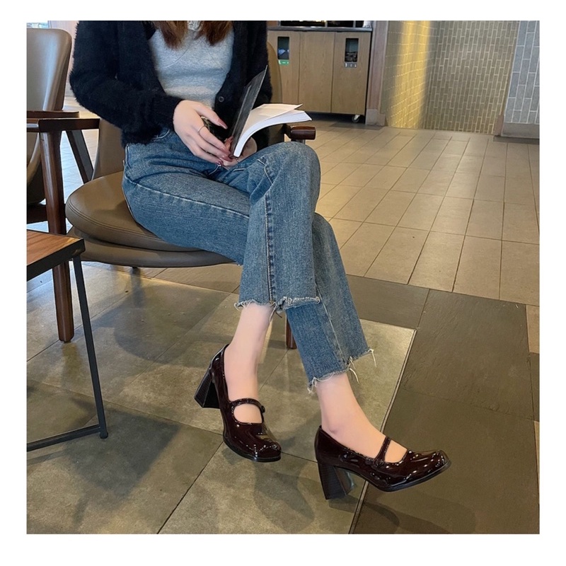 Giày Mary Jane Đen Da PU Đế Vuông Cao 7 Phân Dây Mảnh Nữ Tính Hàn Quốc Dễ Thương lemona.vn