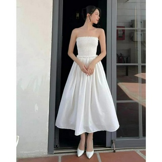 Đầm maxi dáng xòe cúp ngực phối thun nhún