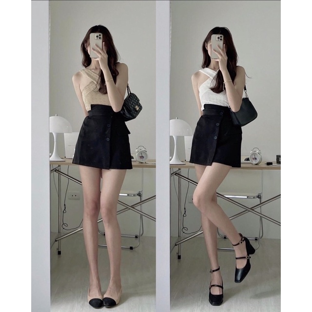 [Ảnh thật/Video]Áo xốp cổ chéo mát lim phong cách tiểu thư Áo yếm quàng cổ hở vai quyến rũ