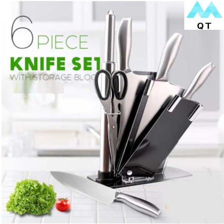 Bộ Dao Kéo Nhà Bếp 6 Món Nhật Bản Cao Cấp, Inox Chống Gỉ, Có Đế Đựng Dao