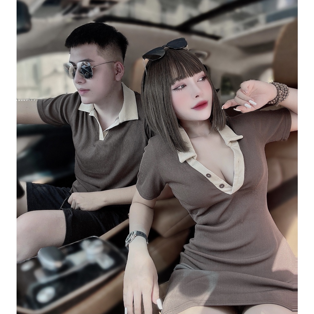Áo Đôi Đầm polo dáng suông đen polo dáng ngắn trên gối trẻ trung năng động Váy phông có cổ body liền thân basic đơn giản