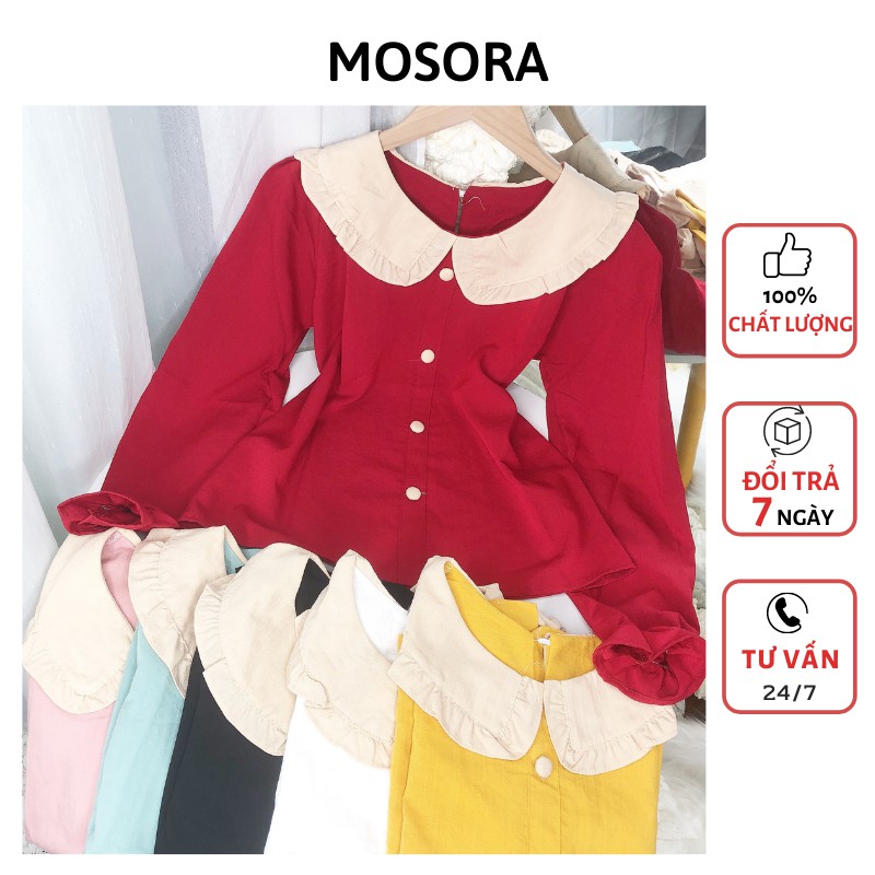 Áo sơ mi nữ MOSORA kiểu tiểu thư xinh xắn dài tay chất đũi cổ bèo cúc bọc tiểu thư xinh xắn A40 có 7 màu