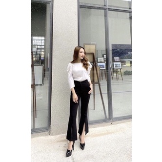 Quần nữ ống loe màu đen vải tuyết mưa xẻ tà thời trang sành điệu kèm hình thật