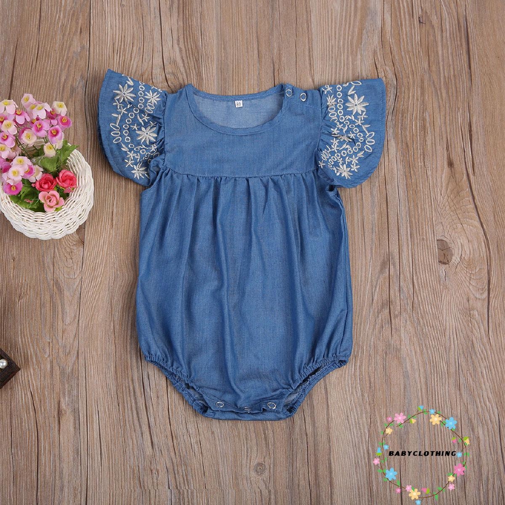 Bộ Áo Liền Quần Denim Họa Tiết Thêu Dễ Thương Cho Bé Gái