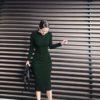 Đầm body tay dài thun gân xẻ sau