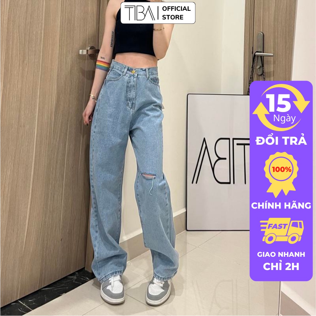 Quần jean ống suông nữ TBA ống rộng dáng dài, lưng cao vải bò cao cấp A05