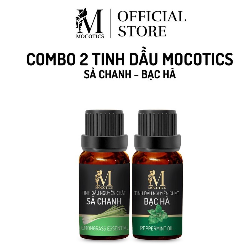 Combo Tinh dầu thiên nhiên xông phòng và đuổi muỗi cao cấp Mocotics gồm 2 lọ tinh dầu: Sả chanh 10ml + Bạc hà 10ml