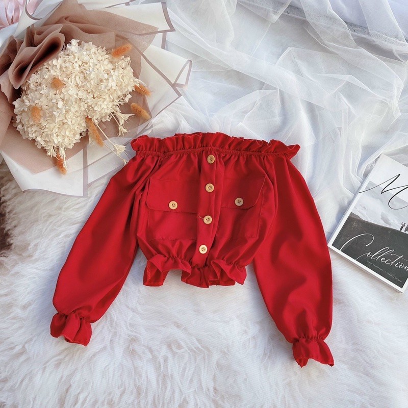 áo croptop bẹt vai túi hộp phối nút mới về