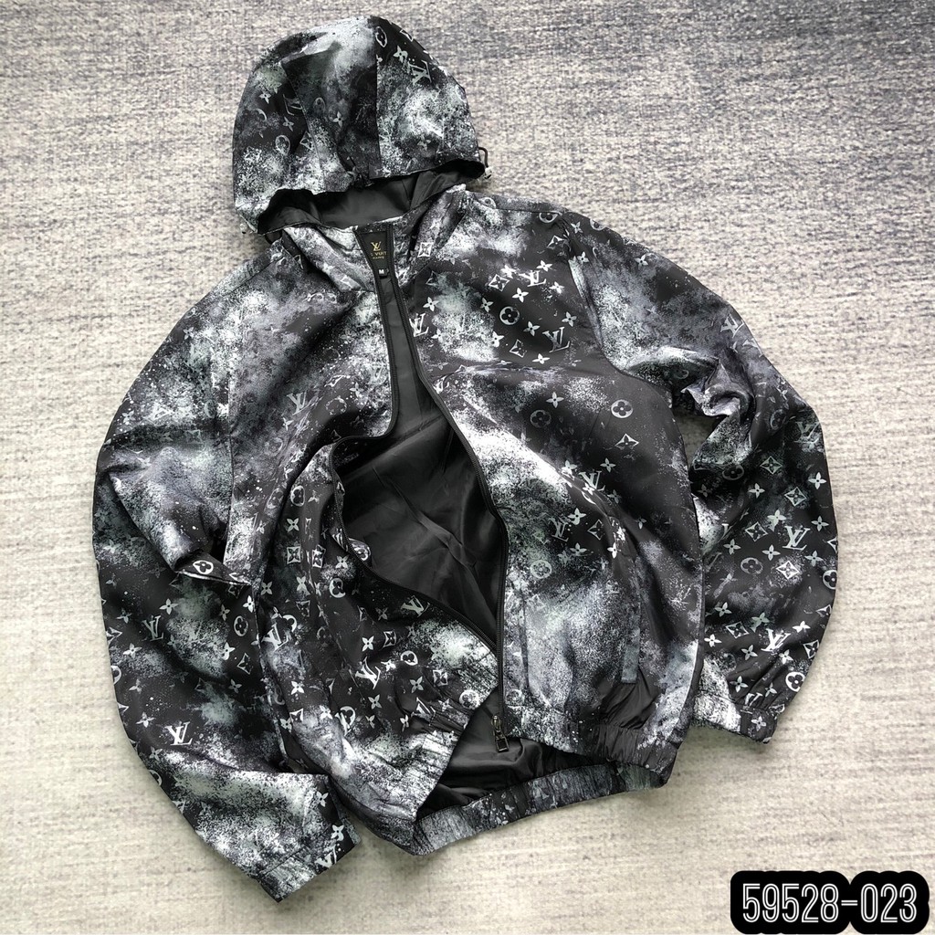 [Free Ship] Áo Khoác Gió Nam LV Loang Đen Xanh-Áo Khoác Có Mũ
