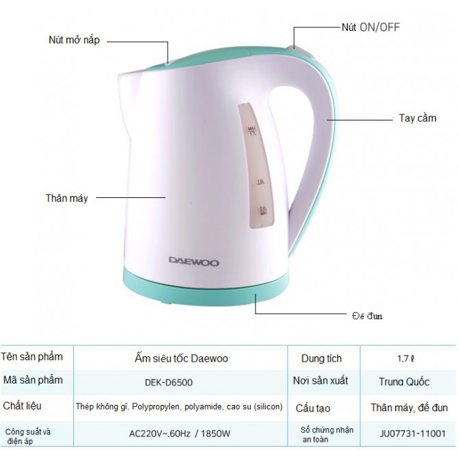 Bình Đun Siêu Tốc 2 Lớp Daewoo DEK-D6500  - Thân nhựa PP ruột inox 304 - Hàng mới