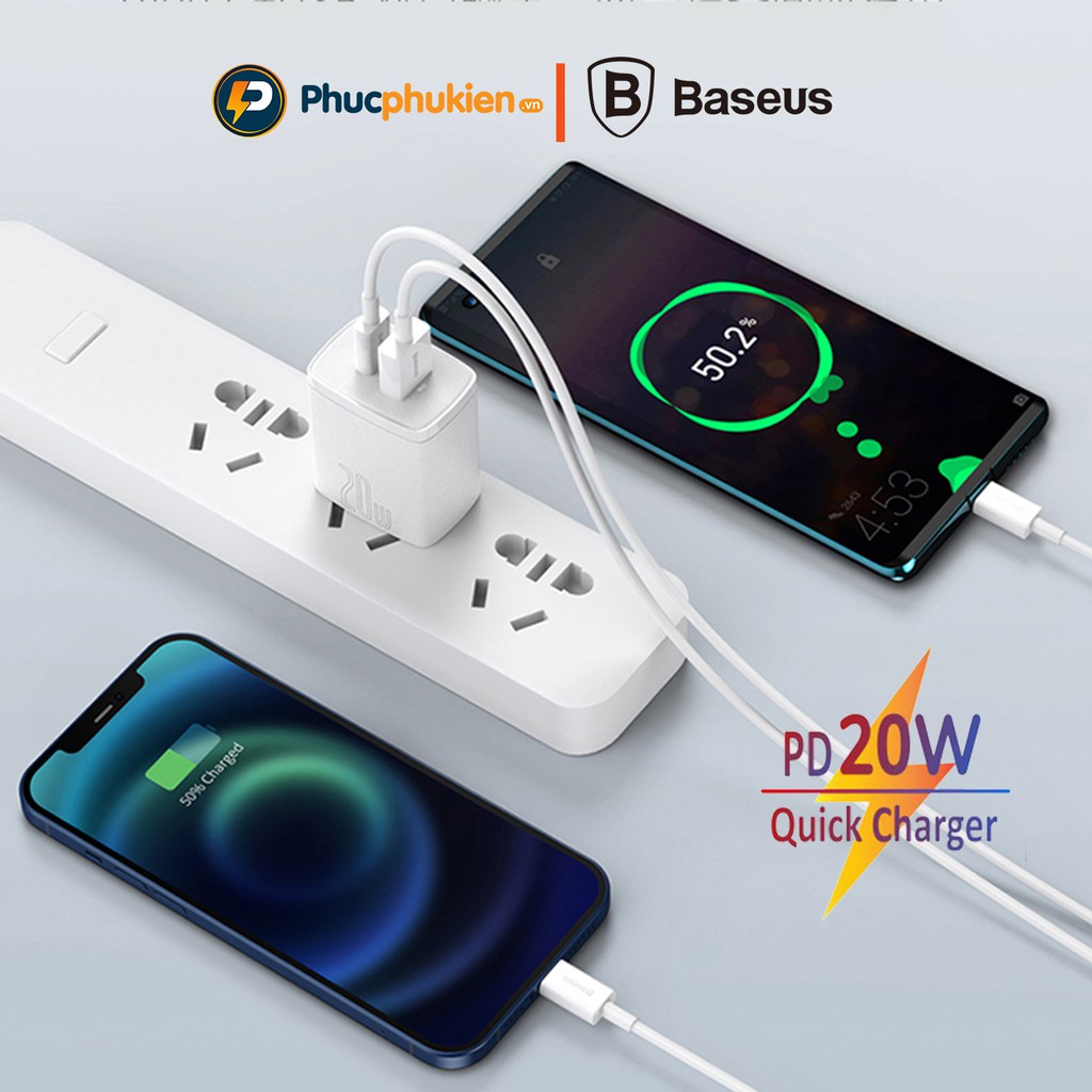 Củ Sạc nhanh 20w chính hãng Baseus Compact 2 cổng hỗ trợ sạc nhanh iPhone 20W chuẩn QC3.0/PD3.0 - Phúc Phụ Kiện