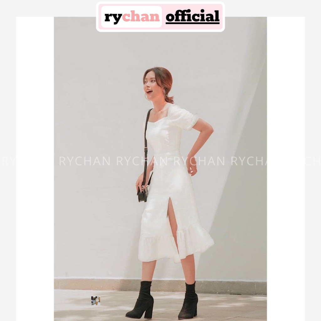 Đầm Xòe Midi Trắng Tay Phồng Xẻ Tà Viền Bèo Lót Trong Dày Dặn [Ảnh Thật Cuối] - DX9978
