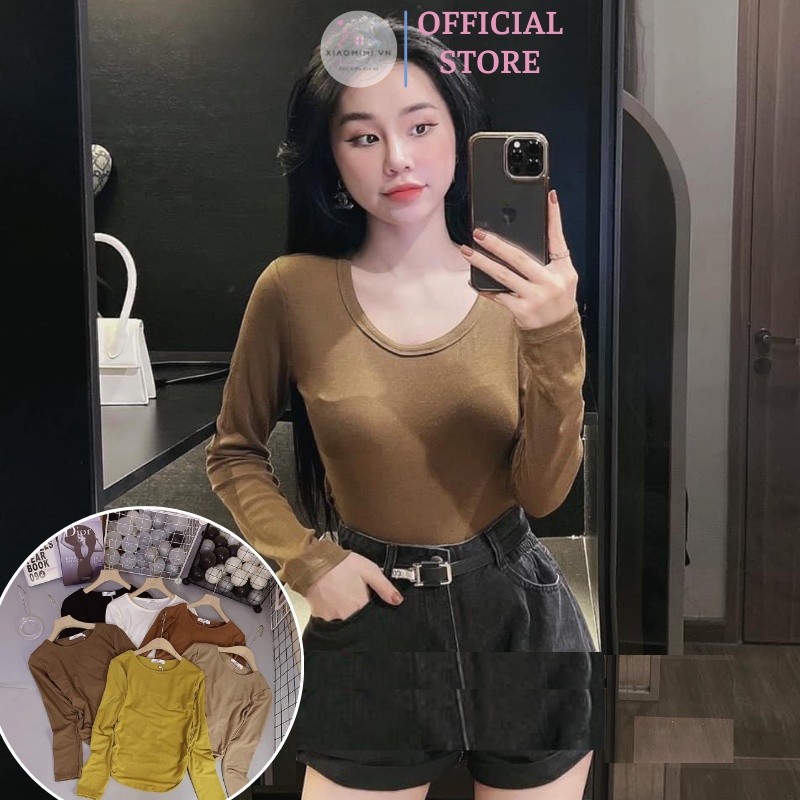 Áo thun nữ dài tay zip xỏ ngón cổ tròn nhiều màu basic co giãn thời trang thu đông 2022 Xiaomimi M1.216.VA