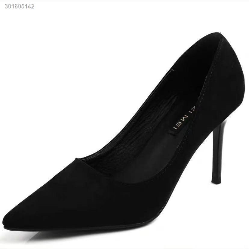 Giày cao gót miệng nông mũi nhọn bằng da lộn màu đen thời trang công sở 2021 mới cho nữ
