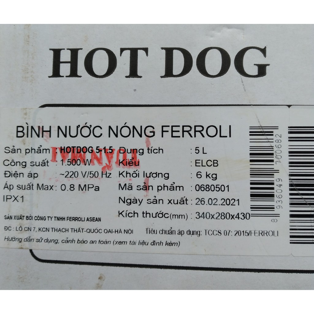 BÌNH NÓNG LẠNH GIÁN TIẾP FERROLI HOTDOG 5LLCB 5L CHO NHÀ BẾP CHỐNG GIẬT