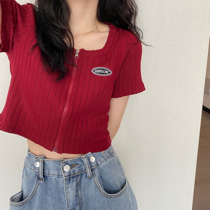 Áo Croptop Ngắn Tay Màu Trơn Phối Khóa Kéo Trước Màu Sắc Trẻ Trung Cho Nữ