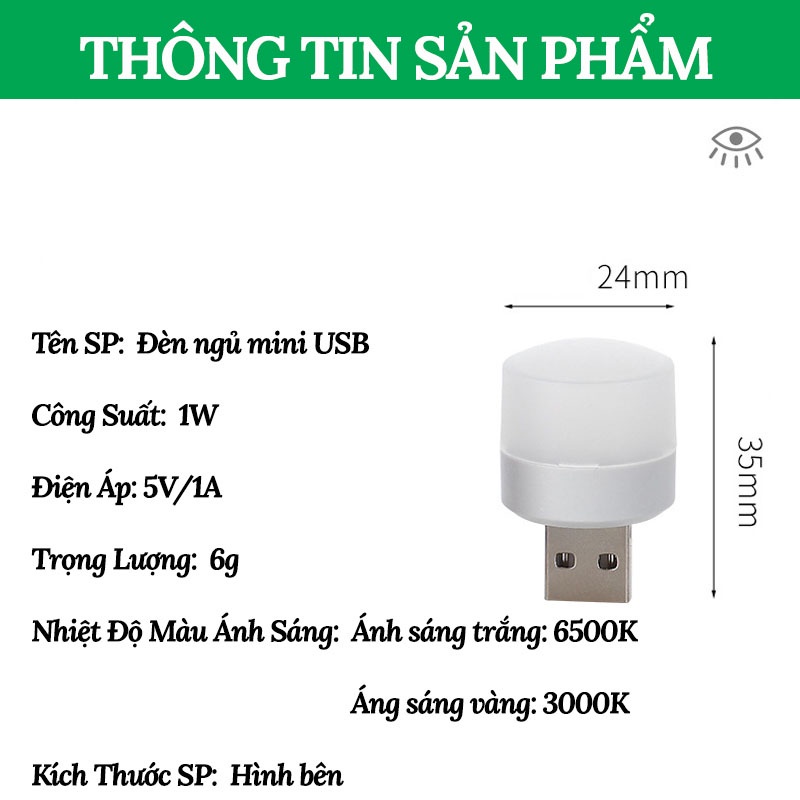 Đèn Ngủ Led Mini đầu sử dụng USB - Đèn ngủ bảo vệ mắt nhỏ gọn tiện dụng thích hợp các đầu cắm có USB - TuHaiStore