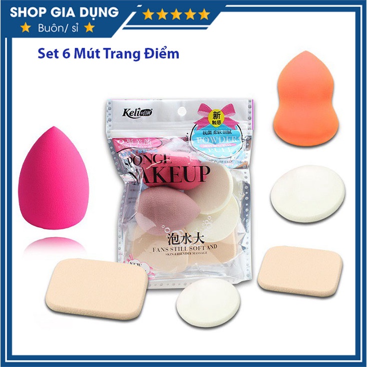 Set 6 Bông Mút Trang Điểm Tán Kem Nền Siêu Mềm Mịn KELI