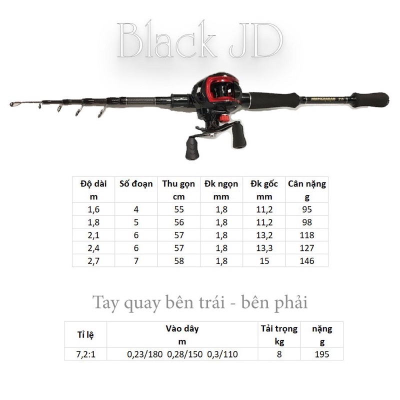 Bộ Cần câu lure máy Ngang rút gọn 60cm chất liệu Carbon JD Tặng Kèm Phụ Kiện