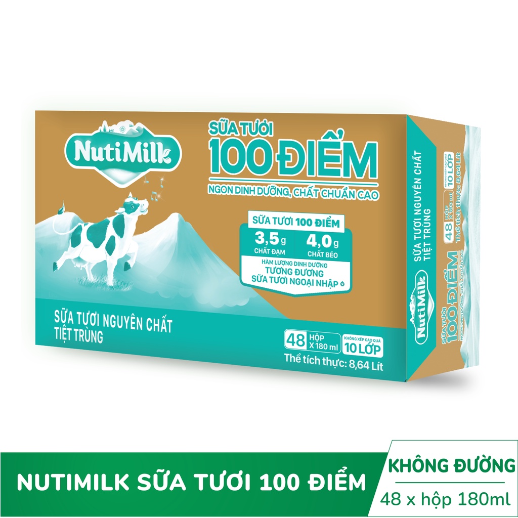 Thùng 48 hộp NutiMilk ST 100 điểm -ST nguyên chất tiệt trùng Hộp 180 mL/hộp