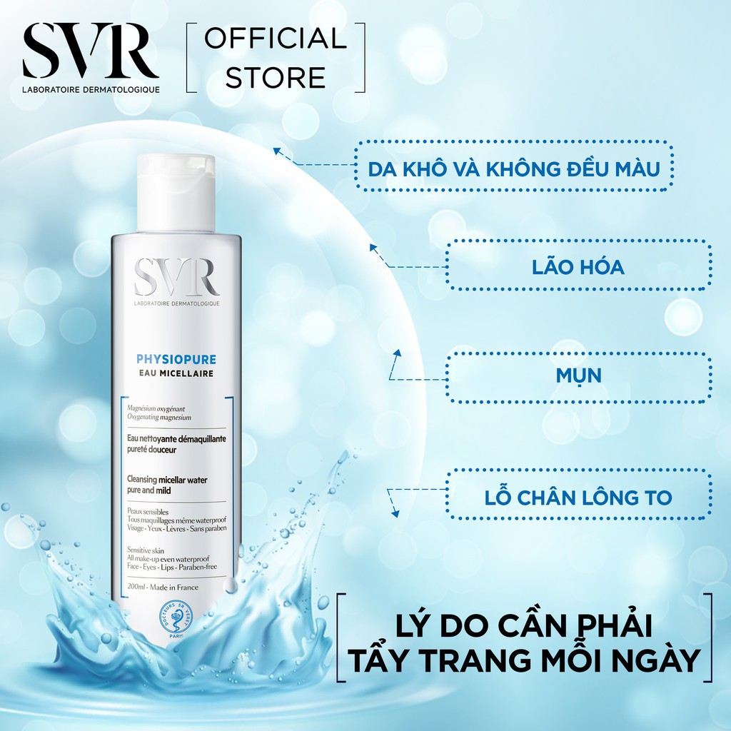 Nước tẩy trang cho da nhạy cảm SVR physiopure eau micellaire TẶNG bông tẩy trang Jomi (Nhập khẩu)