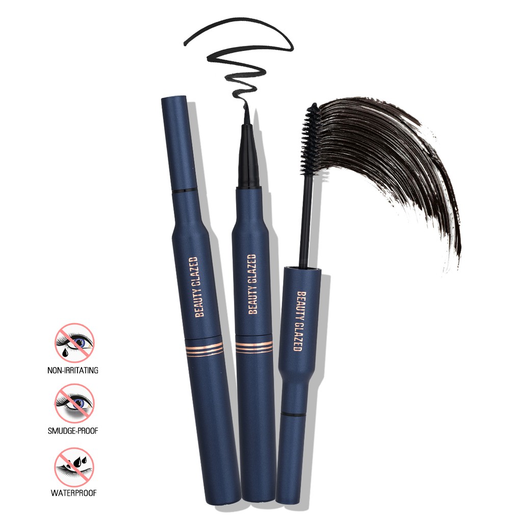 BEAUTY GLAZED Dễ dàng trang điểm Bút kẻ mắt và Mascara chống nước 2 trong 1 màu đen lâu trôi