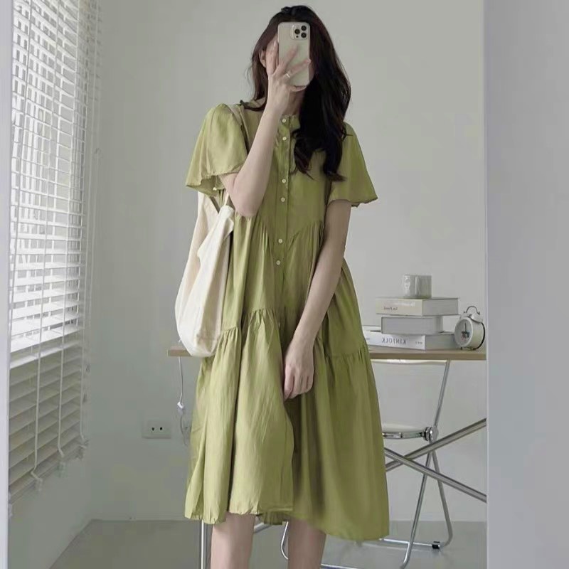Váy đầm nữ cộc tay babydoll xanh cốm freesize cài khuy Ylydress phom rộng