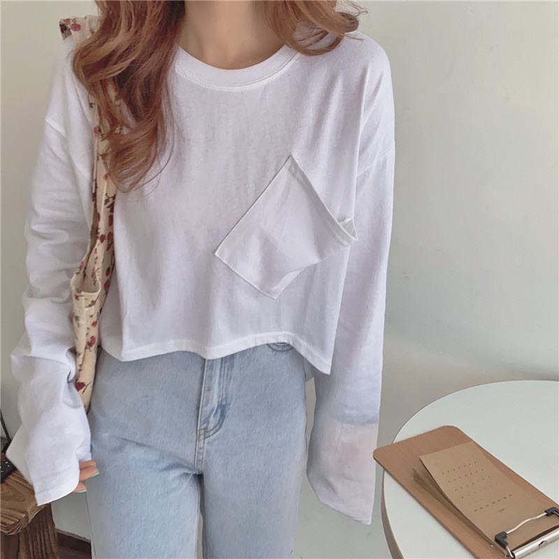 SUXI Áo Thun Tay Dài Cổ Tròn Màu Sắc Đơn Giản Dành Cho Nữ