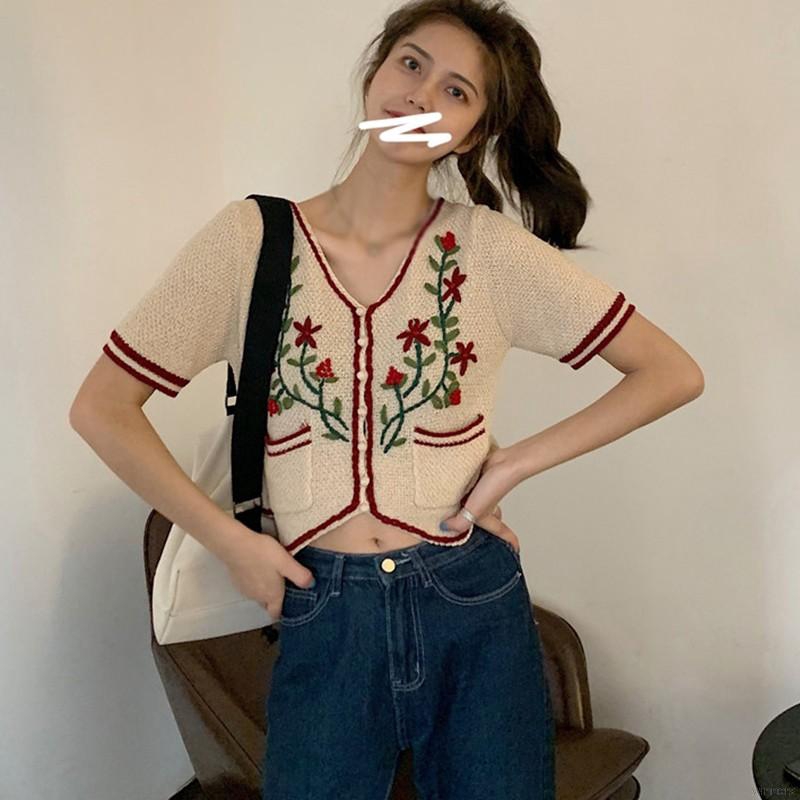 Áo Cardigan Dệt Kim Tay Ngắn Cổ Chữ V Thêu Họa Tiết Vintage Cho Nữ | BigBuy360 - bigbuy360.vn